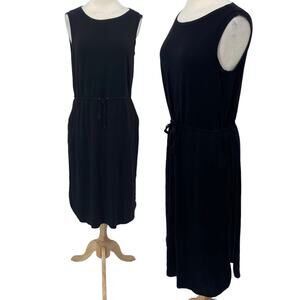 Eileen Fisher Midi Dress Jersey Knit Stretchy Sleeveless Cinched Waist Black M